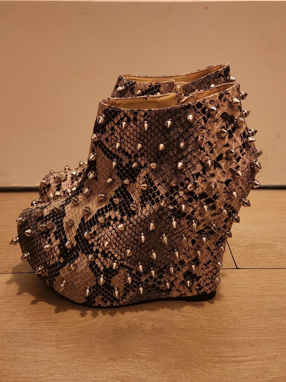Studded Snake-Print Wedge Ankle Boots - Beige/Black